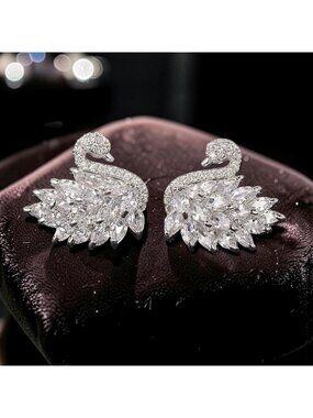 Elegant Swan Crystal Stud Earrings Silver Tone CZ Statement Jewelry NEW